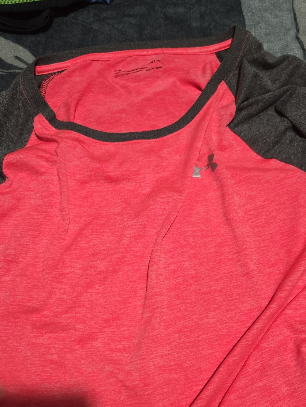 Under Armour Women's Coral-Pink-longSleeve Raglan Tee with Charcoal Trim